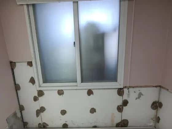 창가 아래 벽에 점점이 붙은 접착 자국